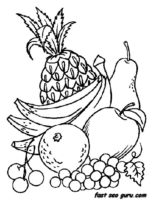 Printable Fruits Pineapple Grpsae and Banana coloring in pages